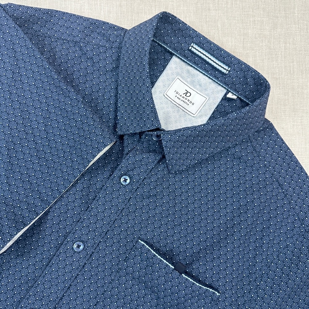 7Diamonds Shirt Mens M Blue Geometric 4 Way Stretch Button Down EUC